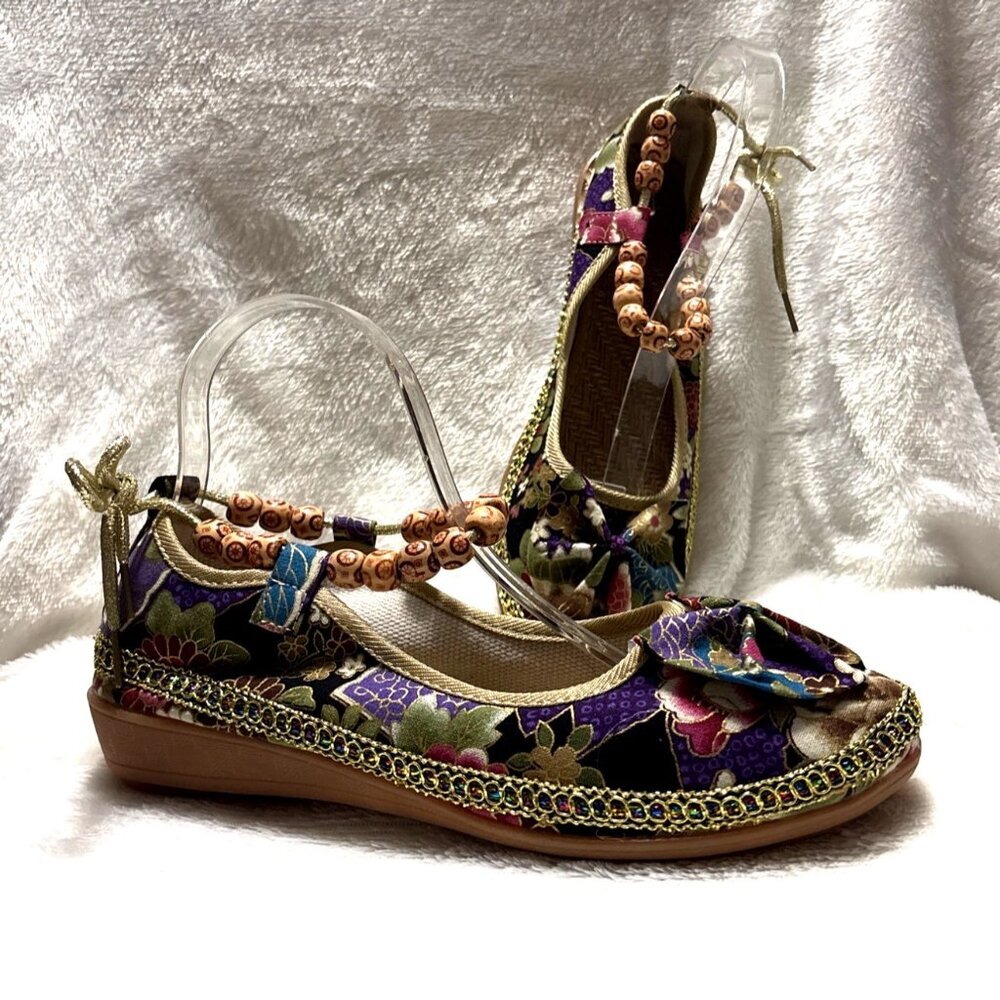 NEWFloral Embroidered Ballet Flats With Beaded Ankle Strap Accents & Bow Details - Picture 2 of 6